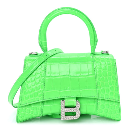 Balenciaga Shiny Calfskin Strass Crocodile Embossed Hourglass Top Handle Bag XS  Fluo Green 1 of 7