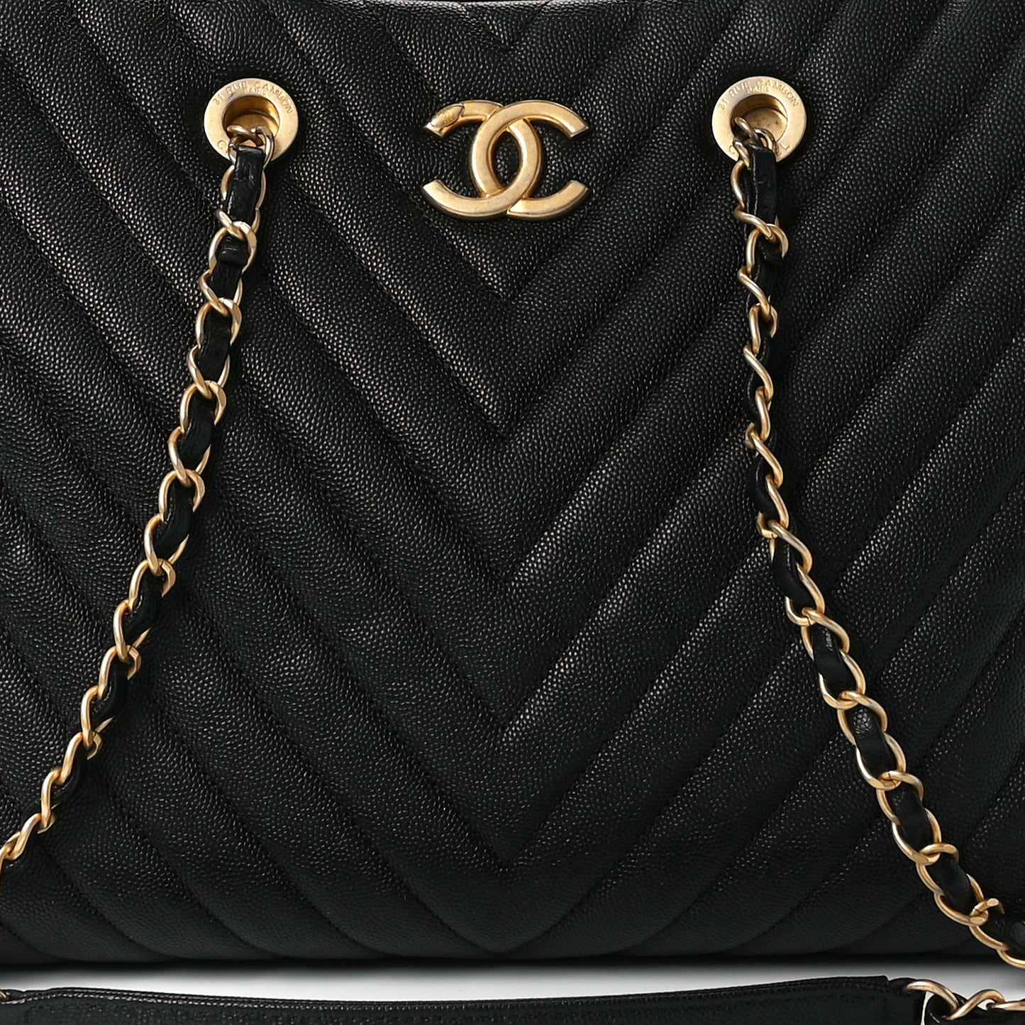 Caviar Chevron Large Coco Handle Shopping Tote Black