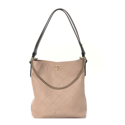 Chanel Calfskin Stitched Large Stripe Hobo Beige Black 1 of 9