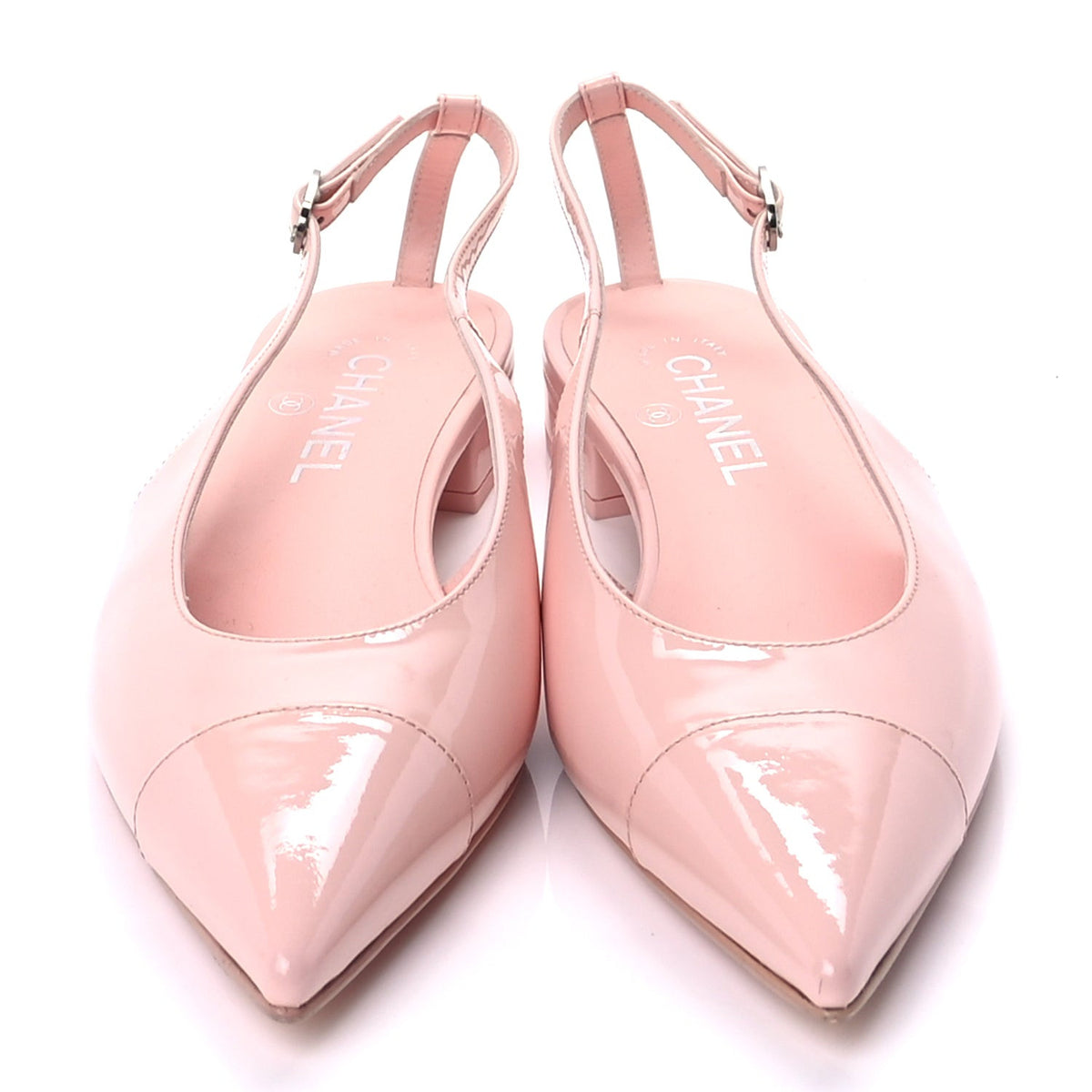 Chanel Patent Calfskin Cap Toe Slingback Flats 37.5  Light Pink 2 of 10