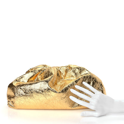 Bottega Veneta Metallic Crinkled Lambskin The Pouch Oversized Clutch Oro 2 of 9