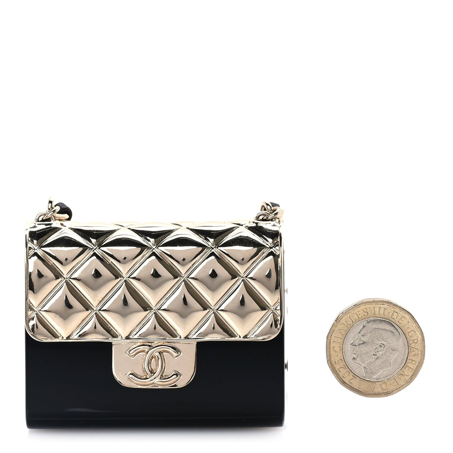 Metal Resin Lambskin Flap Bag Long Necklace Gold Black