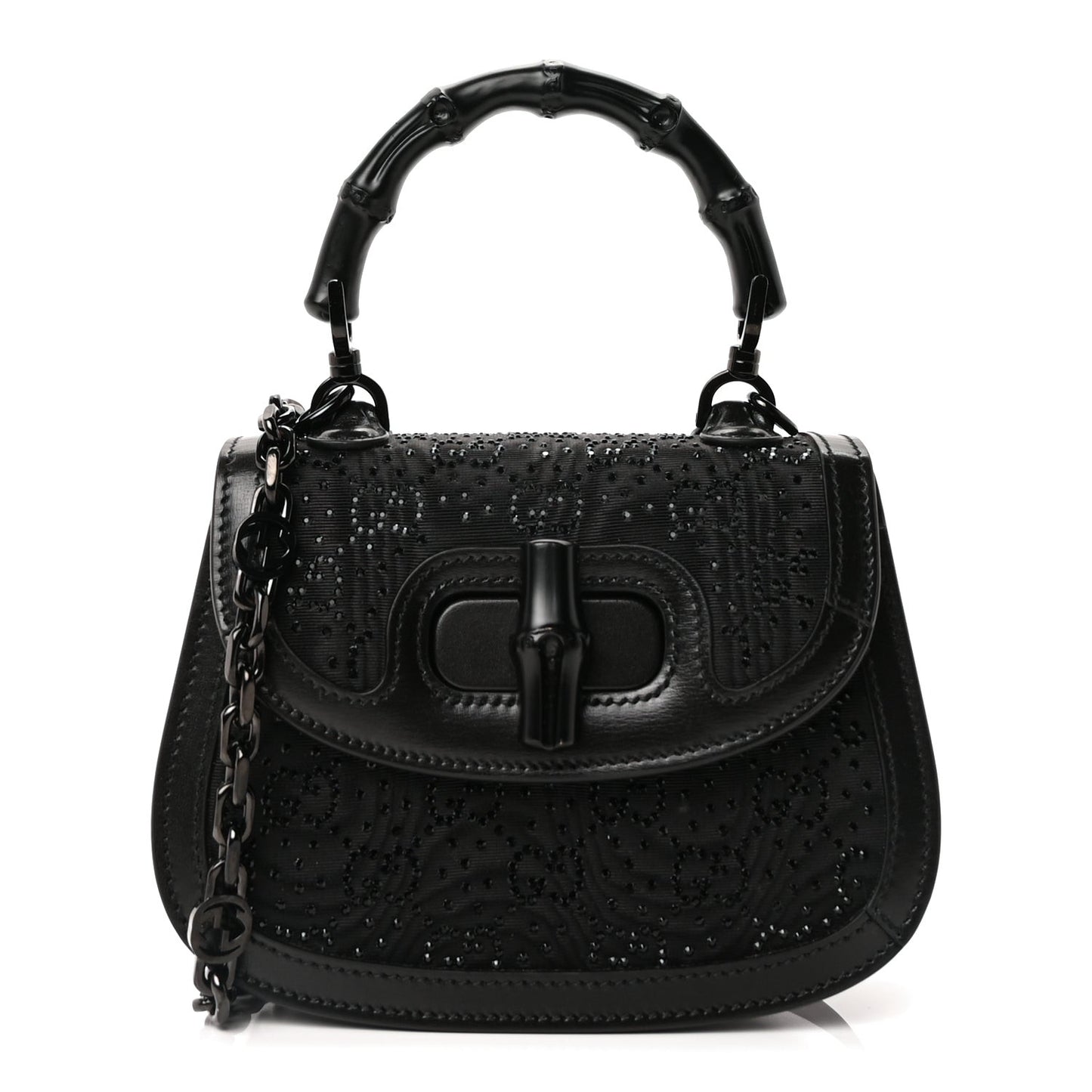 Moire Fabric Calfskin Rhinestone Monogram Monochrome Mini Bamboo 1947 Top Handle Chain Bag Black