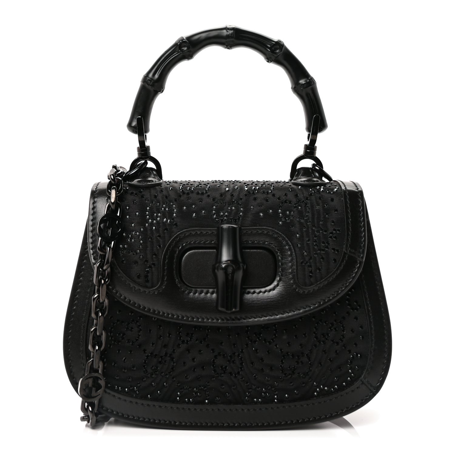 Gucci Moire Fabric Calfskin Rhinestone Monogram Monochrome Mini Bamboo 1947 Top Handle Chain Bag Black 1 of 7