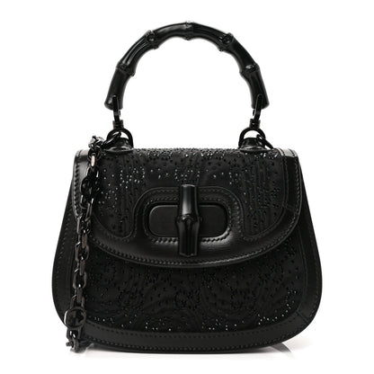 Gucci Moire Fabric Calfskin Rhinestone Monogram Monochrome Mini Bamboo 1947 Top Handle Chain Bag Black 1 of 7