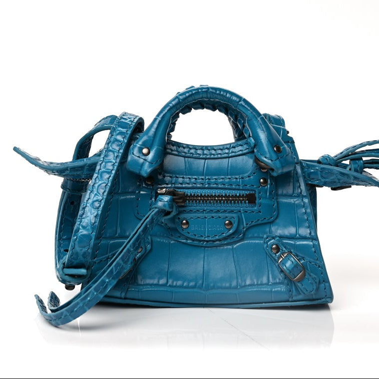 Balenciaga Extra Supple Calfskin Crocodile Embossed Neo Classic Silver Hardware Super Nano City Crossbody  Cyan 1 of 8