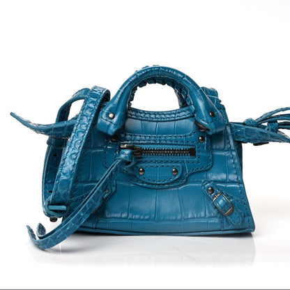 Balenciaga Extra Supple Calfskin Crocodile Embossed Neo Classic Silver Hardware Super Nano City Crossbody  Cyan 1 of 8