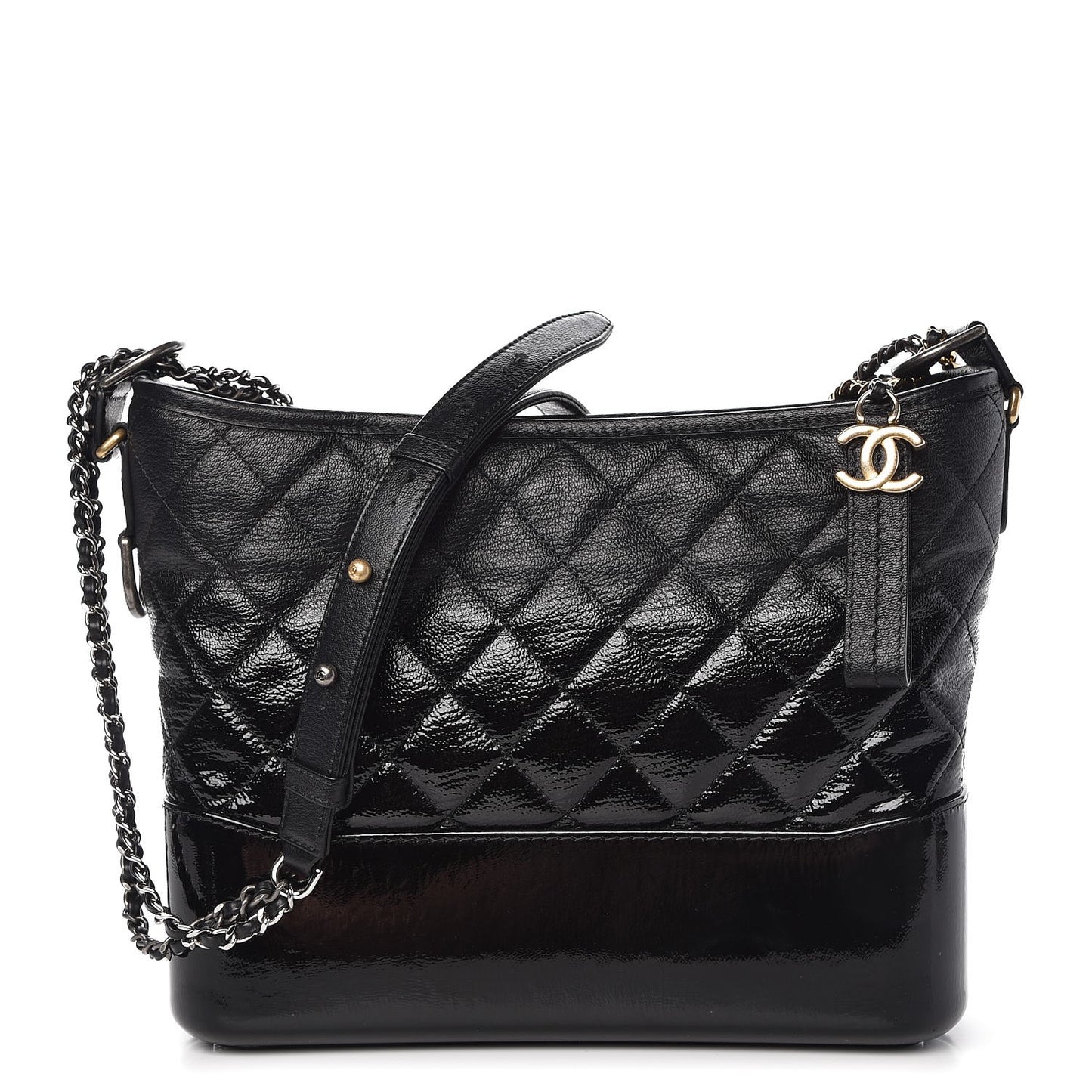 Patent Goatskin Quilted Medium Gabrielle Hobo Black