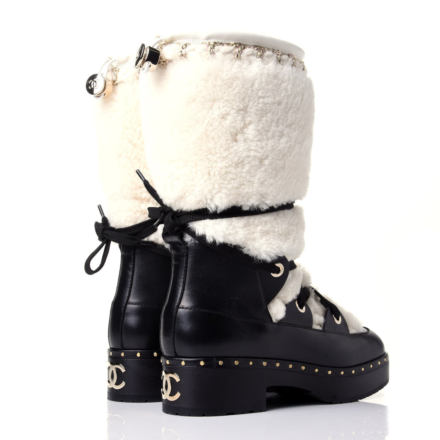 Chanel Shearling Chain Studded CC High Boot 37 Black 4 of 11
