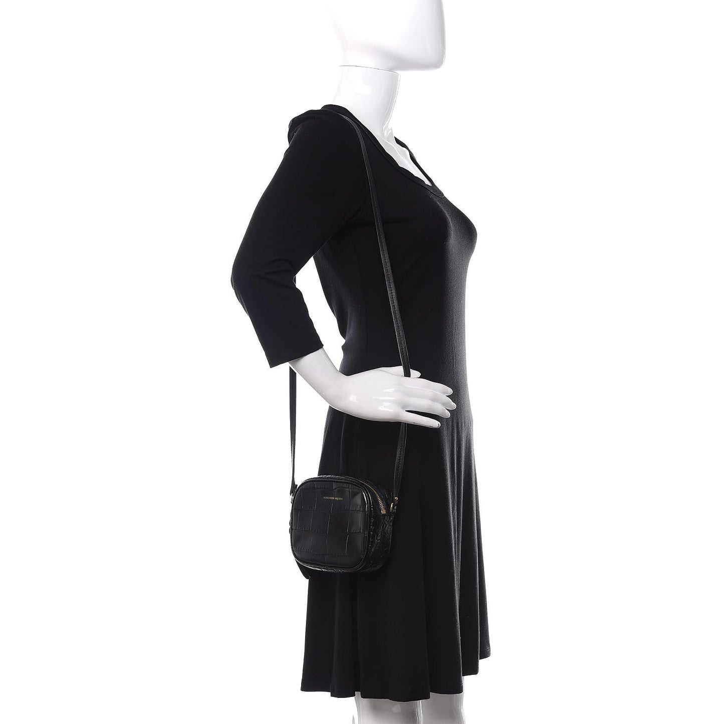 Calfskin Crocodile Embossed Camera Shoulder Bag Black