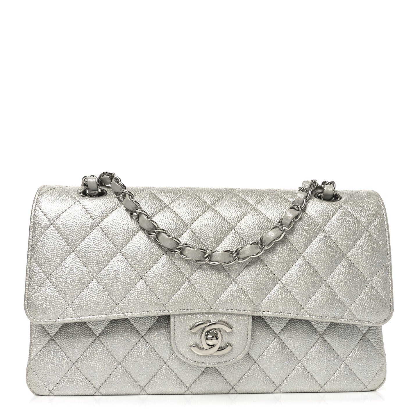Glittered Metallic Caviar Quilted Medium Double Flap Silver
