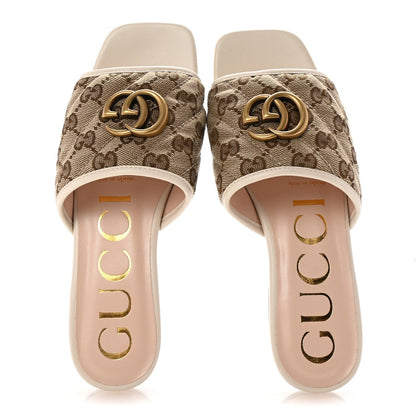 Gucci Monogram Matelasse Diagonal GG Marmont Flat Slide Sandals 35 Beige Ebony Mystic White 2 of 7