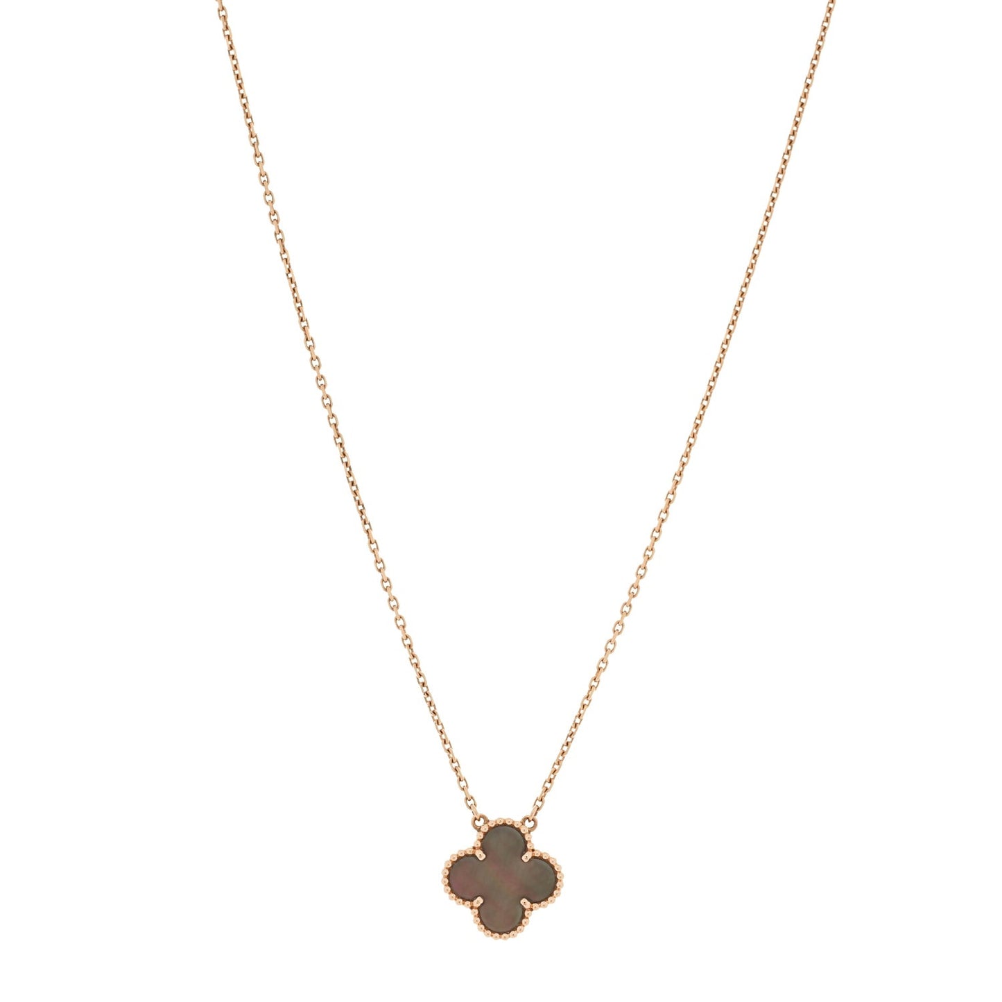 18K Rose Gold Gray Mother of Pearl Vintage Alhambra Pendant Necklace Grey
