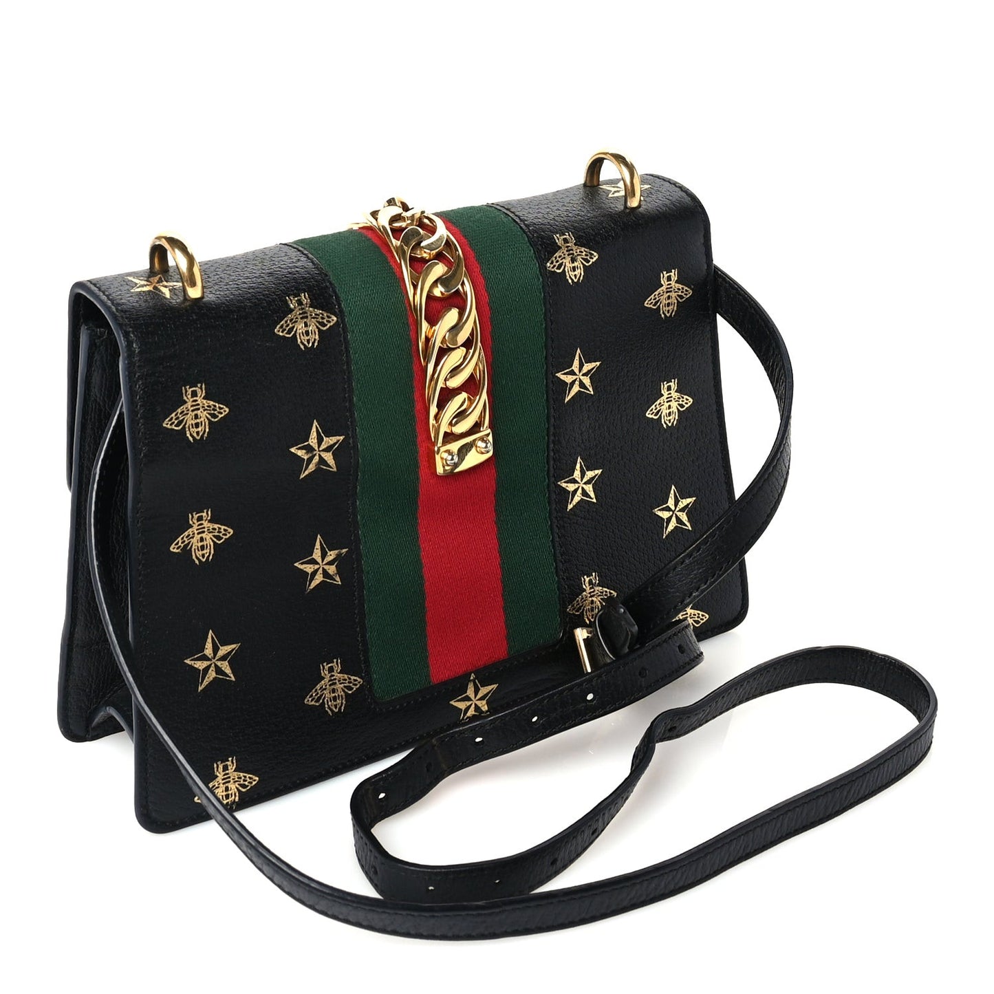 Textured Calfskin Bee Star Print Small Sylvie Shoulder Bag Black