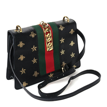 Gucci Textured Calfskin Bee Star Print Small Sylvie Shoulder Bag Black 2 of 8