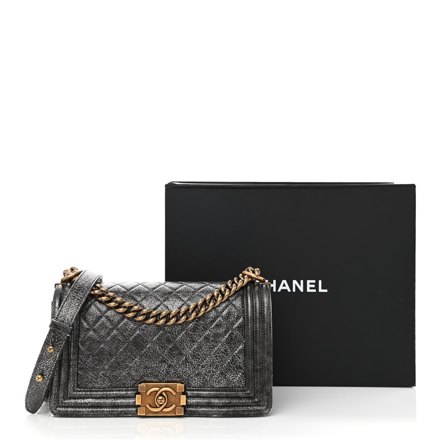 Chanel Cracked Metallic Calfskin Quilted Medium Boy Flap Dark Silver 12 of 12
