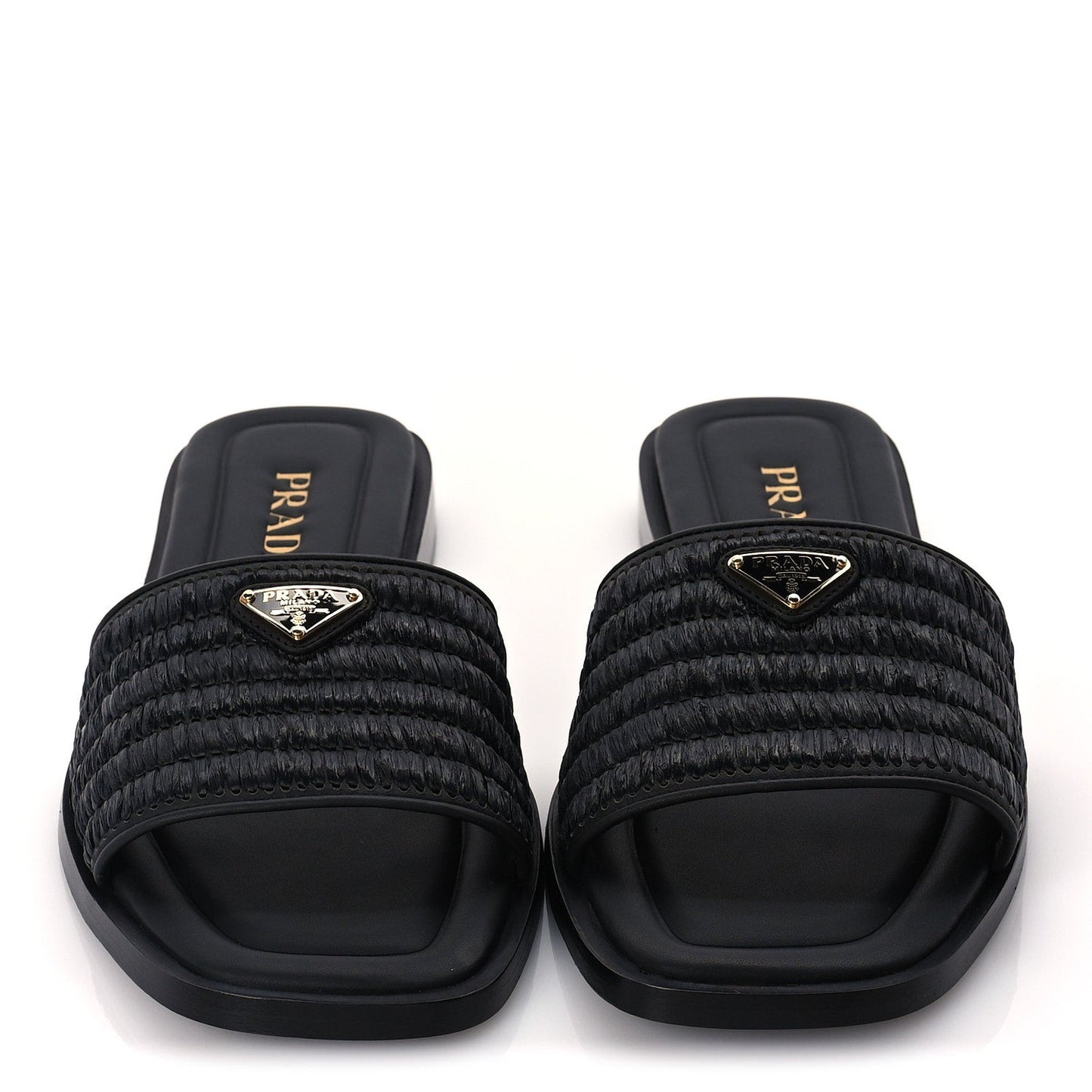 Raffia Metal Triangle Logo 10mm Slide Sandals 39  Black
