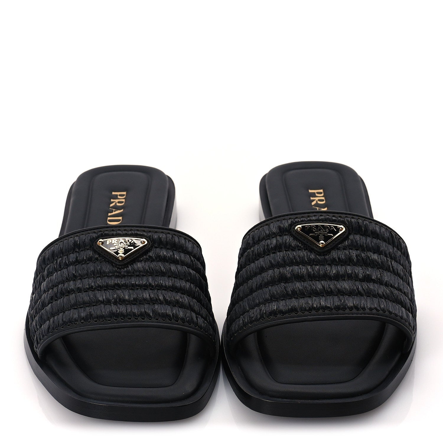 Prada Raffia Metal Triangle Logo 10mm Slide Sandals 39  Black 3 of 8