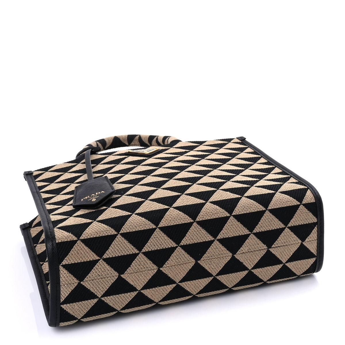 Prada Jacquard Saffiano Triangolo Symbole Embroidered Small Tote Black Corda Beige 3 of 9