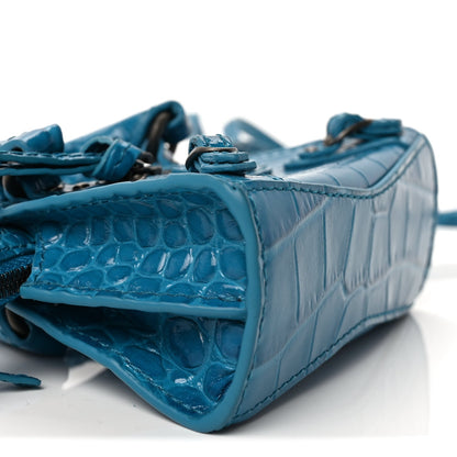 Balenciaga Extra Supple Calfskin Crocodile Embossed Neo Classic Silver Hardware Super Nano City Crossbody  Cyan 7 of 8