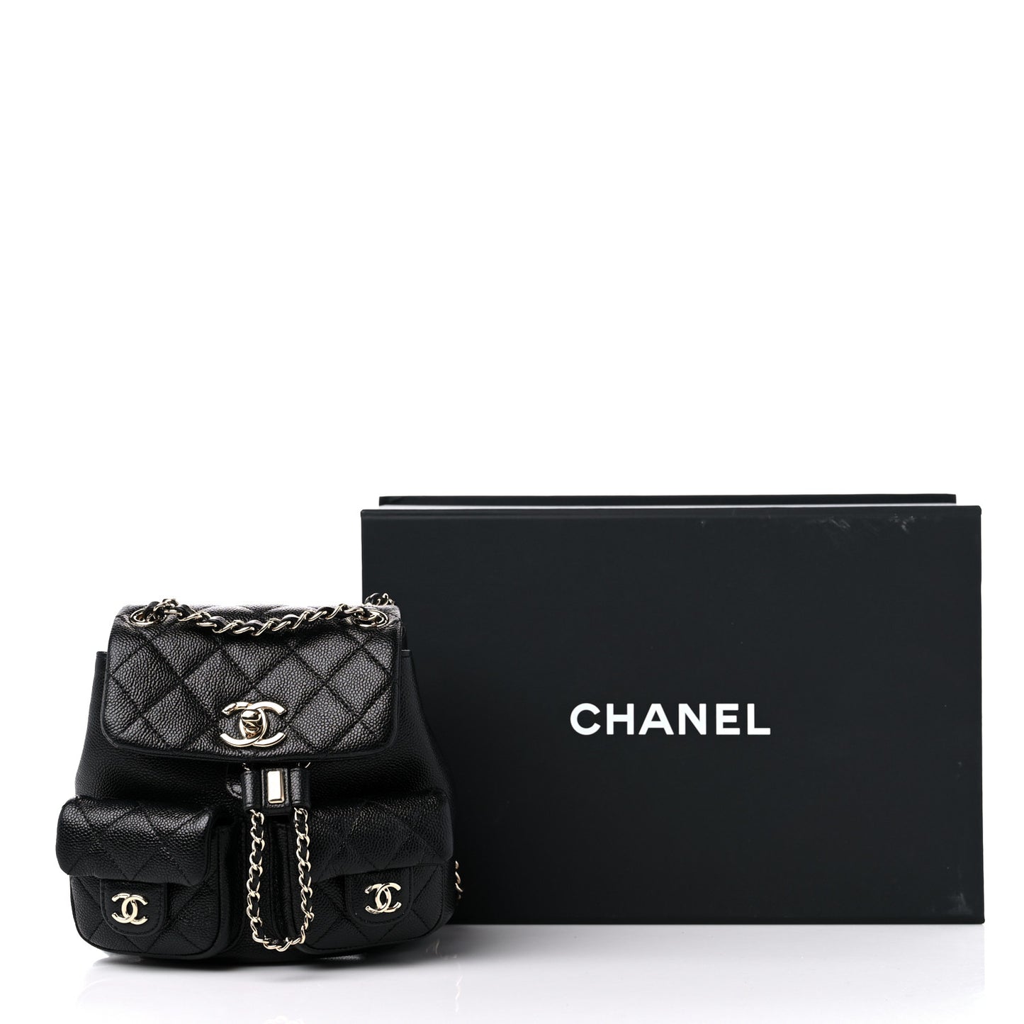 Shiny Caviar Quilted Small Duma Pockets Drawstring Backpack Black