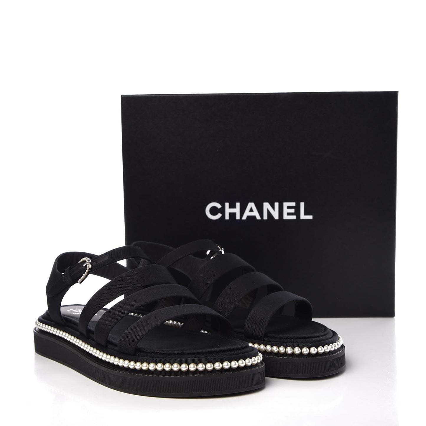 Grosgrain Pearl Flat Sandals 39 Black