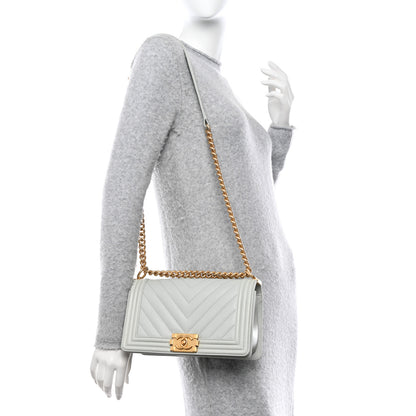 Chanel Caviar Chevron Quilted Medium Boy Flap Light Grey 2 of 10