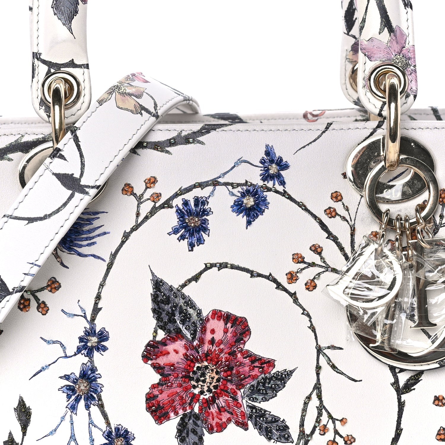 Christian Dior Calfskin Rosa Mutabilis Embroidered Medium Lady Dior  White Multicolor 6 of 7