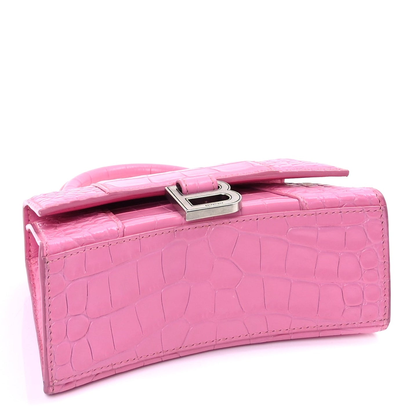 Shiny Calfskin Crocodile Embossed Hourglass Top Handle Bag XS Baby Pink
