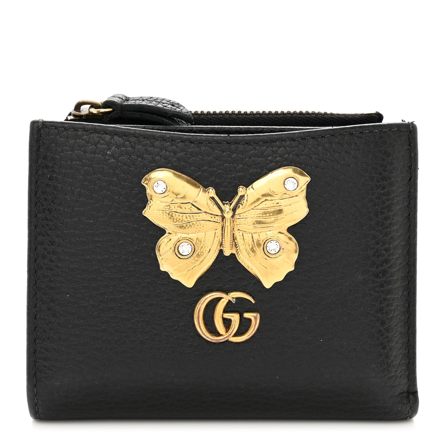 Pebbled Calfskin Butterfly Card Case Wallet Black