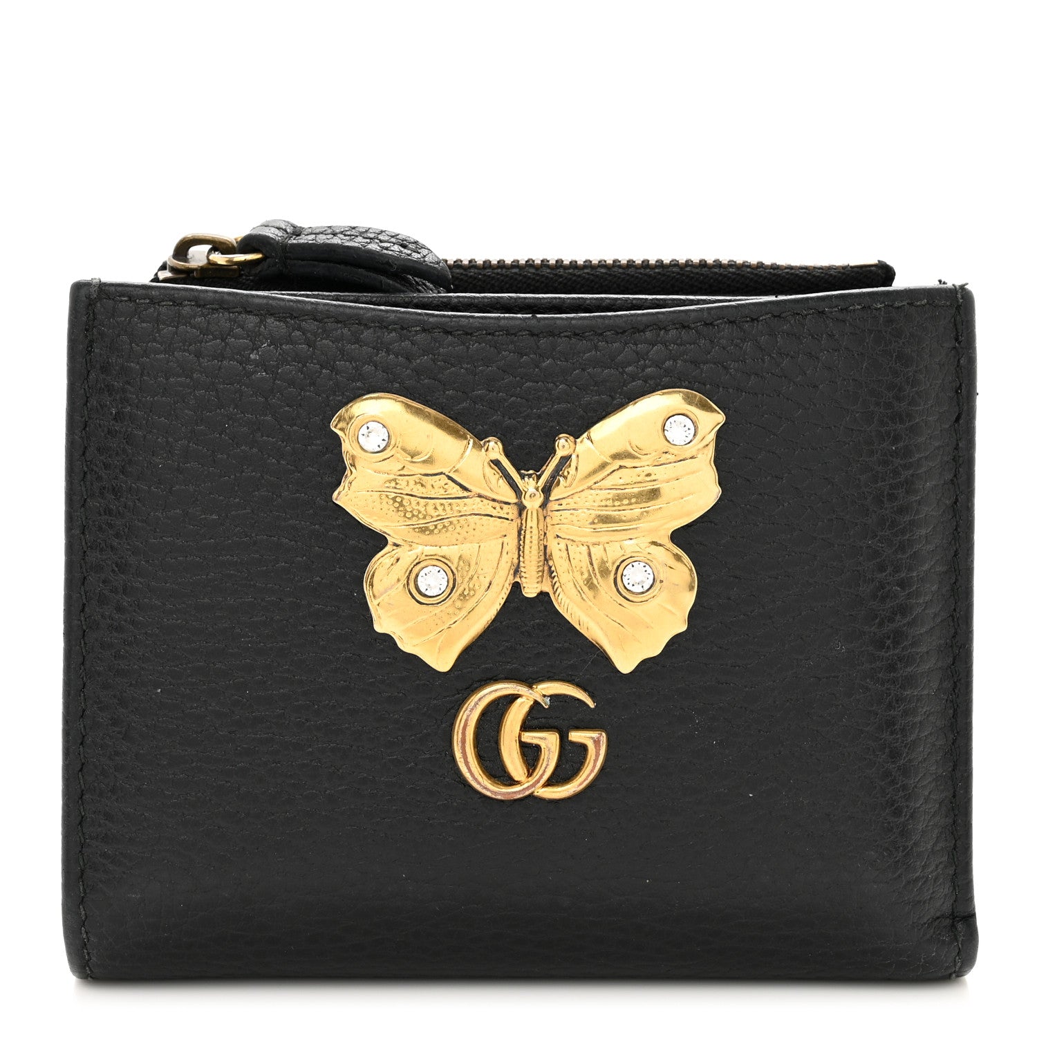 Gucci Pebbled Calfskin Butterfly Card Case Wallet Black 1 of 9