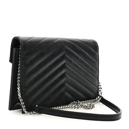 Saint Laurent Grain De Poudre Matelasse Chevron Monogram Envelope Chain Wallet Black 3 of 10