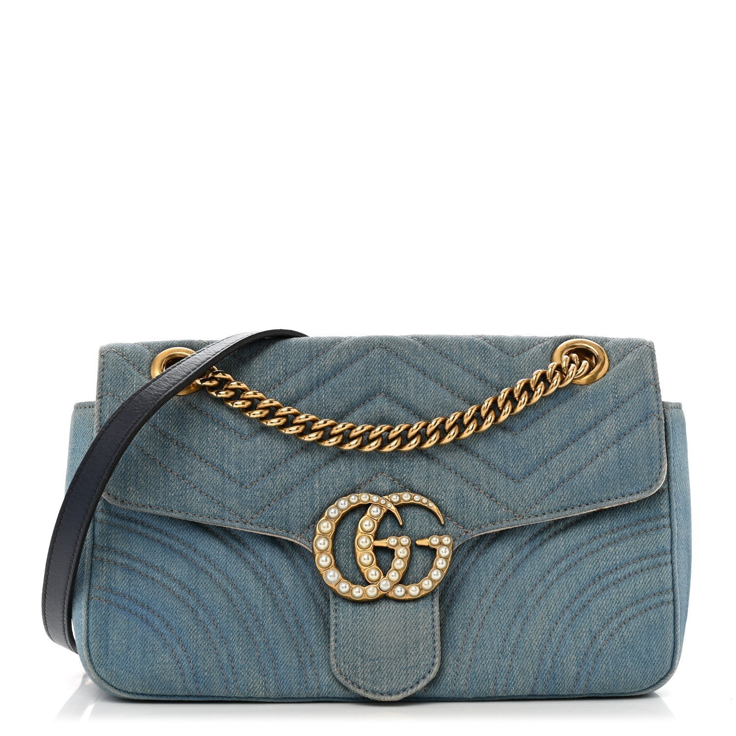 Gucci Denim Matelasse Small Pearly GG Marmont Shoulder Bag Blue 1 of 7