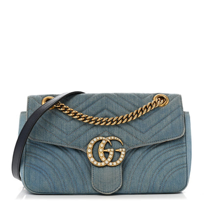 Gucci Denim Matelasse Small Pearly GG Marmont Shoulder Bag Blue 1 of 7