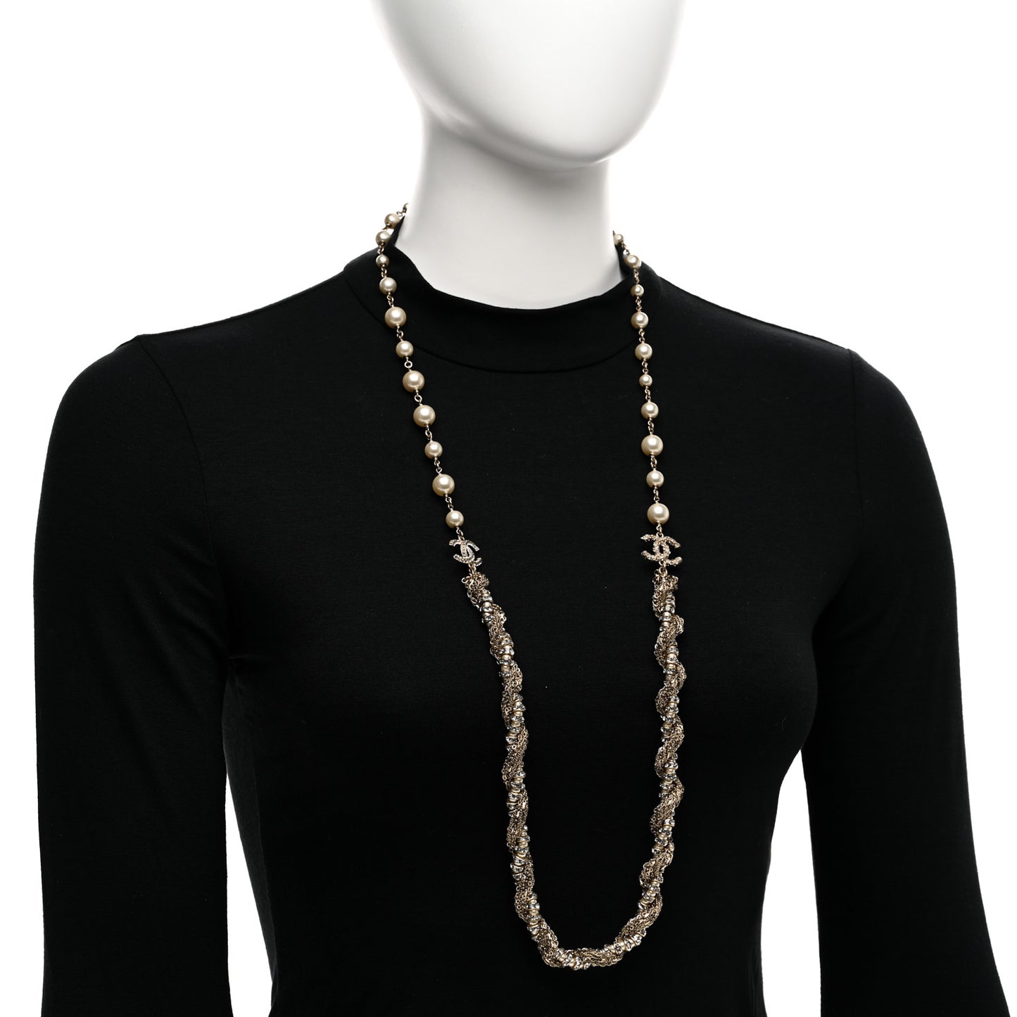 Pearl Crystal CC Braided Chain Long Necklace Light Gold