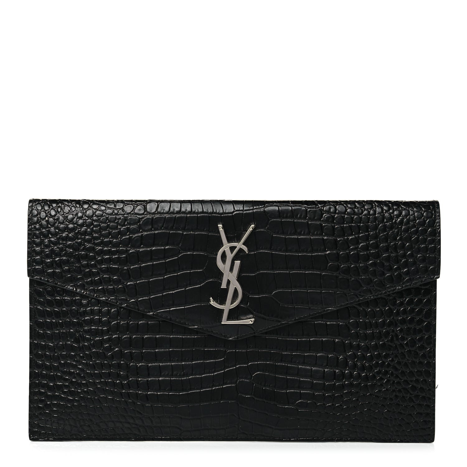 Saint Laurent Calfskin Crocodile Embossed Uptown Monogram Clutch Black 1 of 9
