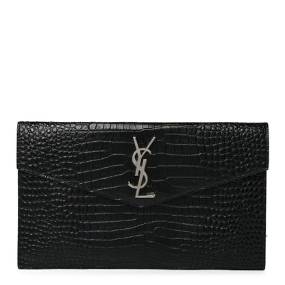 Saint Laurent Calfskin Crocodile Embossed Uptown Monogram Clutch Black 1 of 9