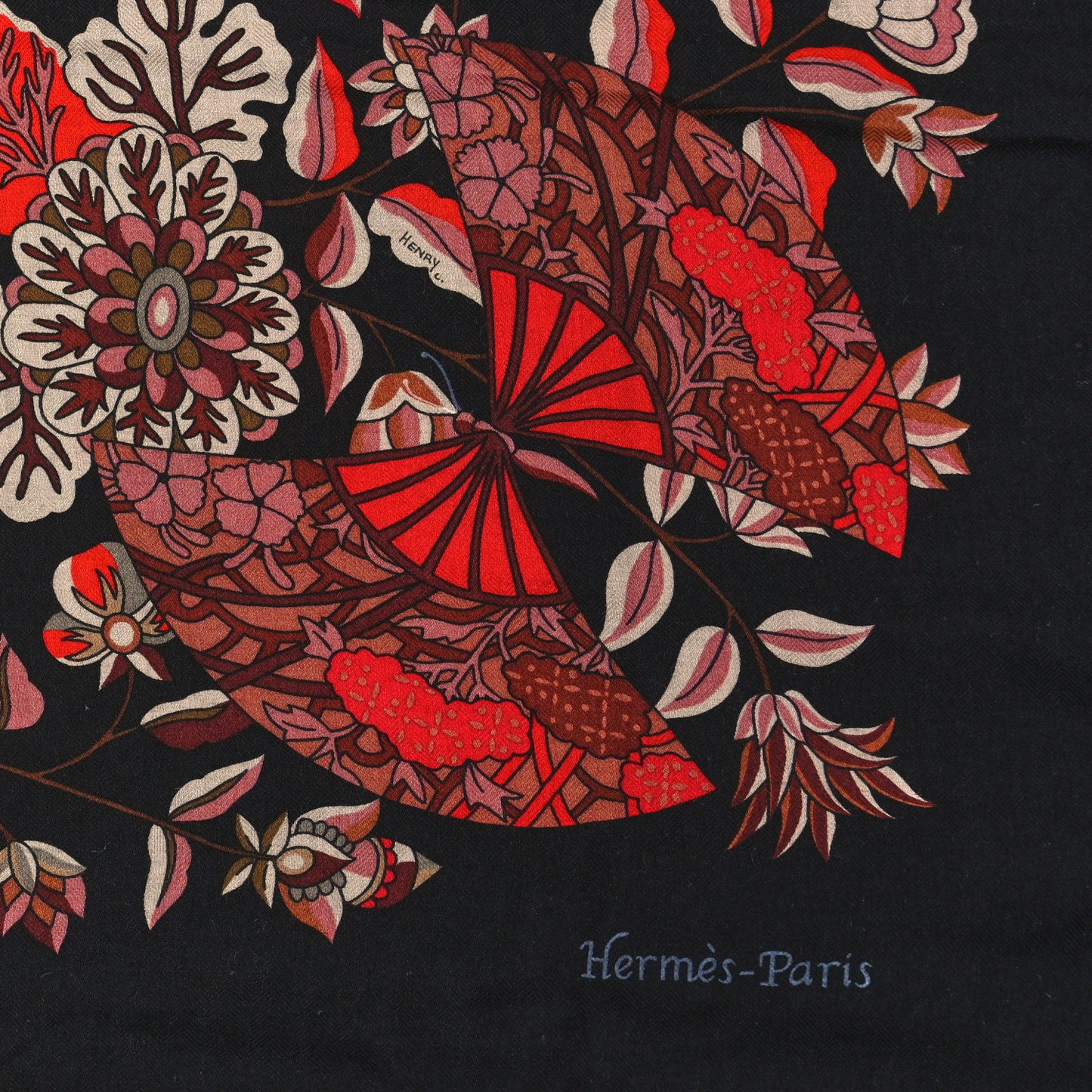 Cashmere Silk Fleurs et Papillons de Tissus Scarf 140 Black Rouge Brun
