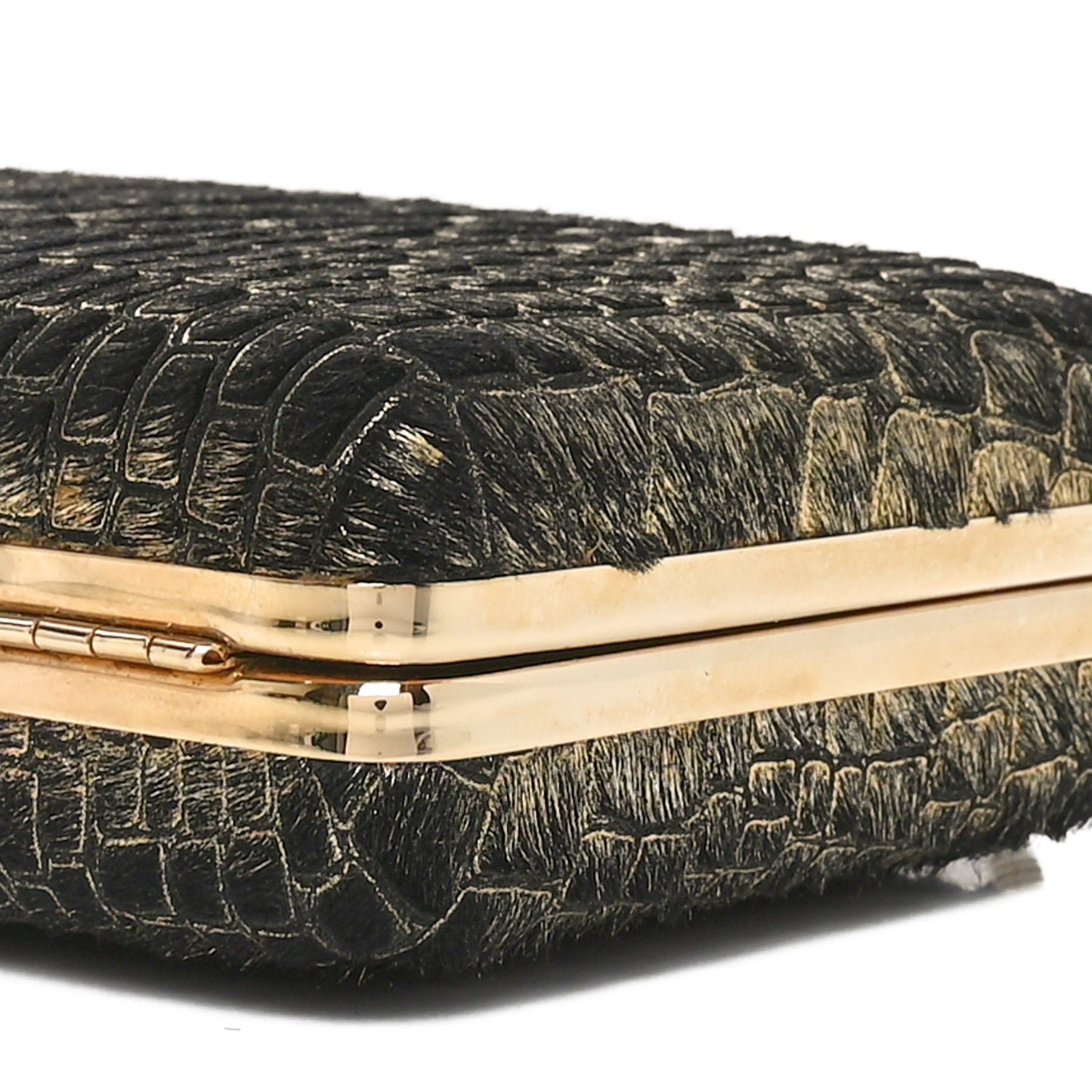 Ponyhair Crocodile Print Clutch Black Gold