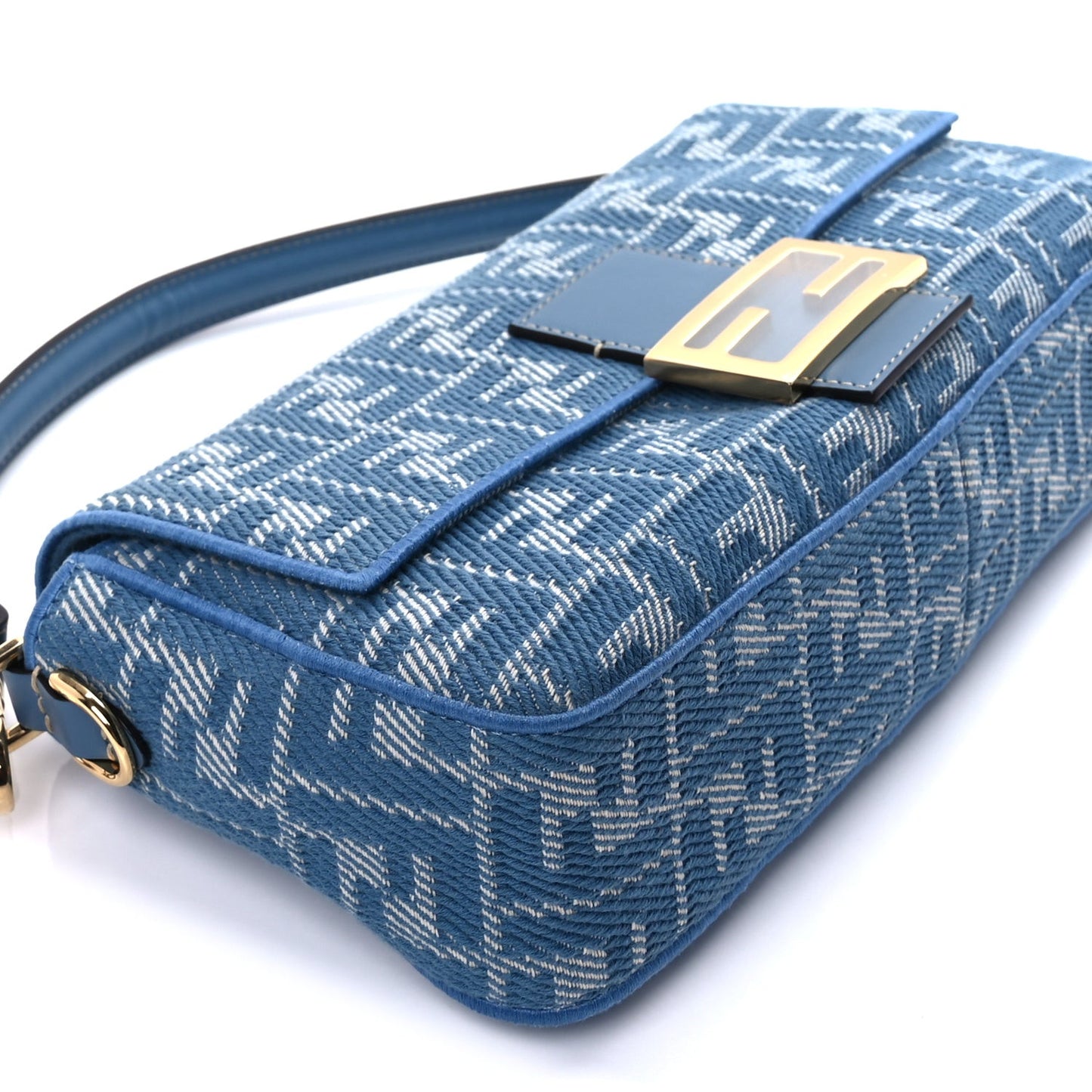 Denim Jacquard FF Effect Vitello Grace Reversible Baguette  Ceruleo