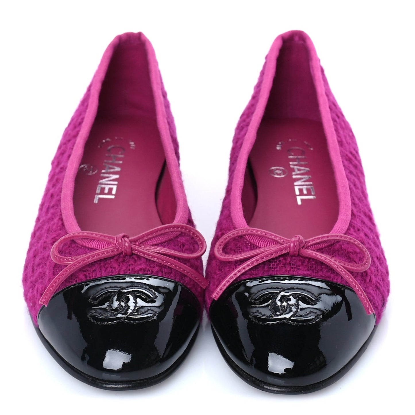 Tweed Patent Cap Toe Ballerina Flats 36  Pink Black