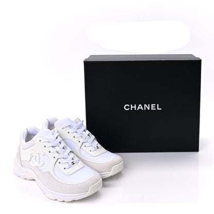 Chanel Suede Calfskin Fabric CC Sneakers 37.5 White 9 of 9