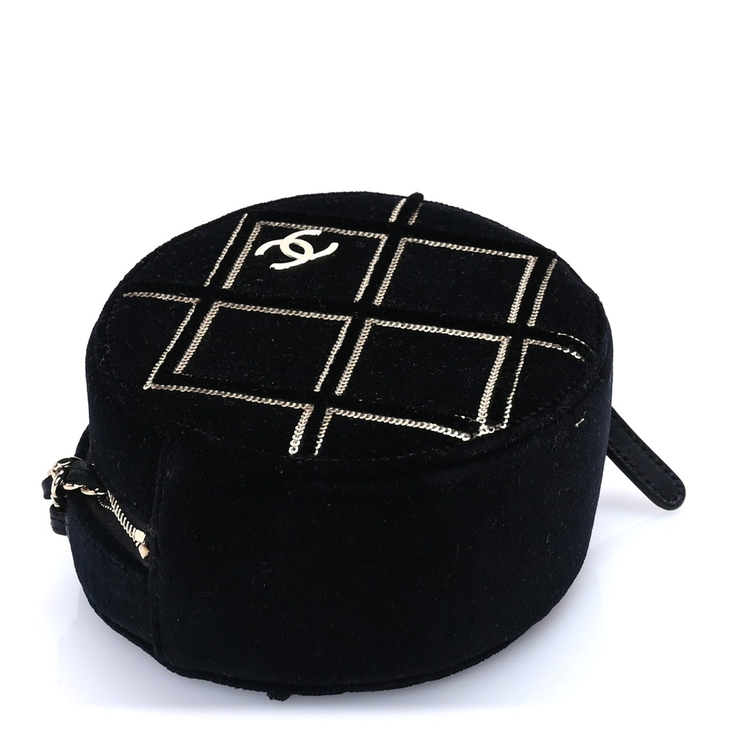 Velvet Sequin Round Clutch With Chain  Black