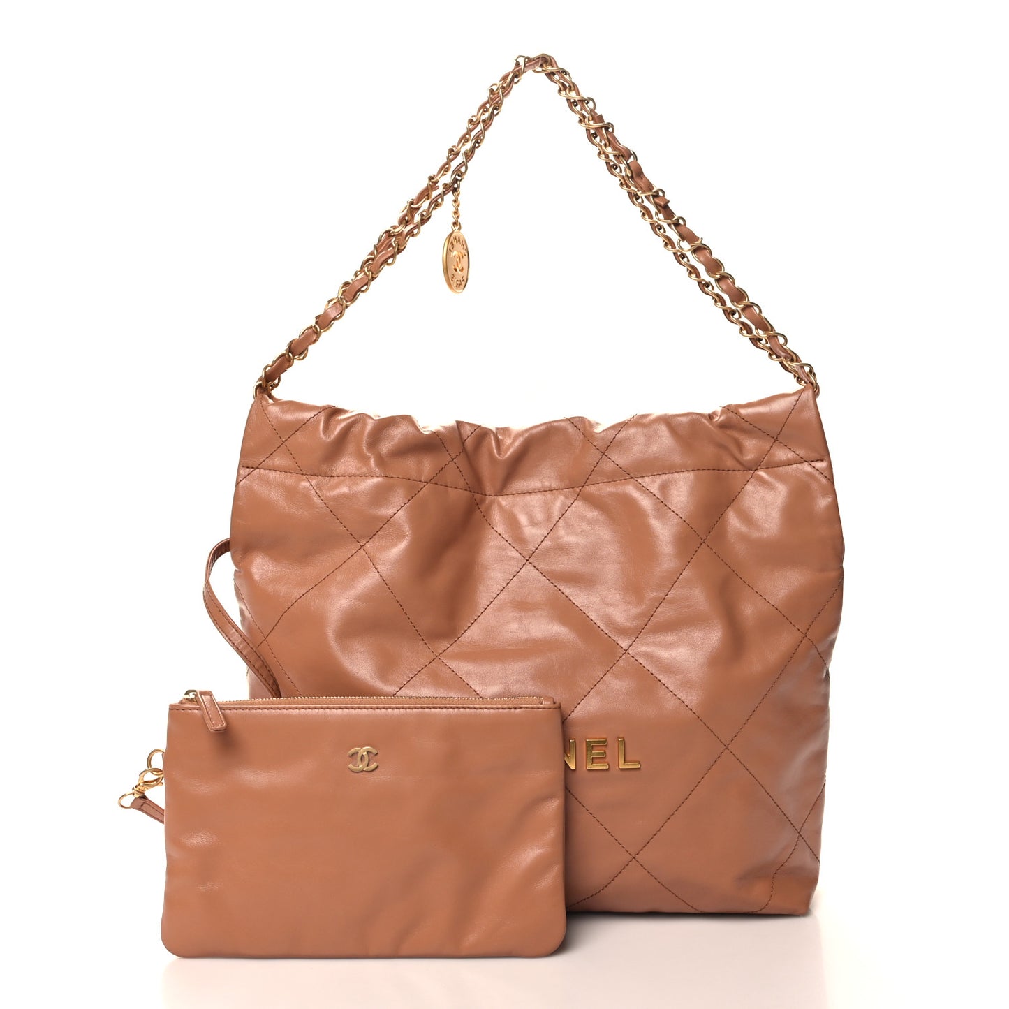 Shiny Calfskin Quilted Small Chanel 22 Camel