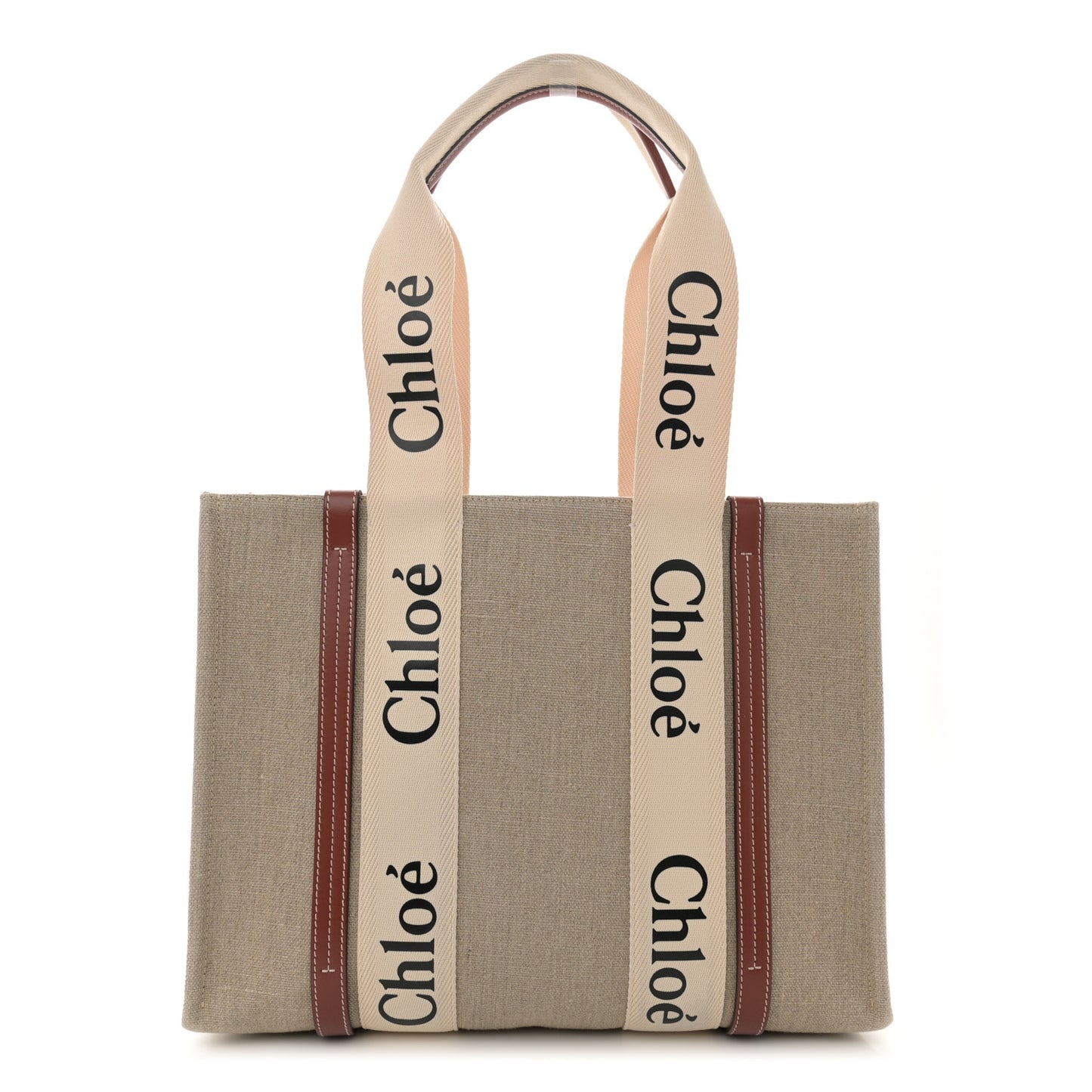 Linen Calfskin Medium Woody Ribbon Tote White Brown