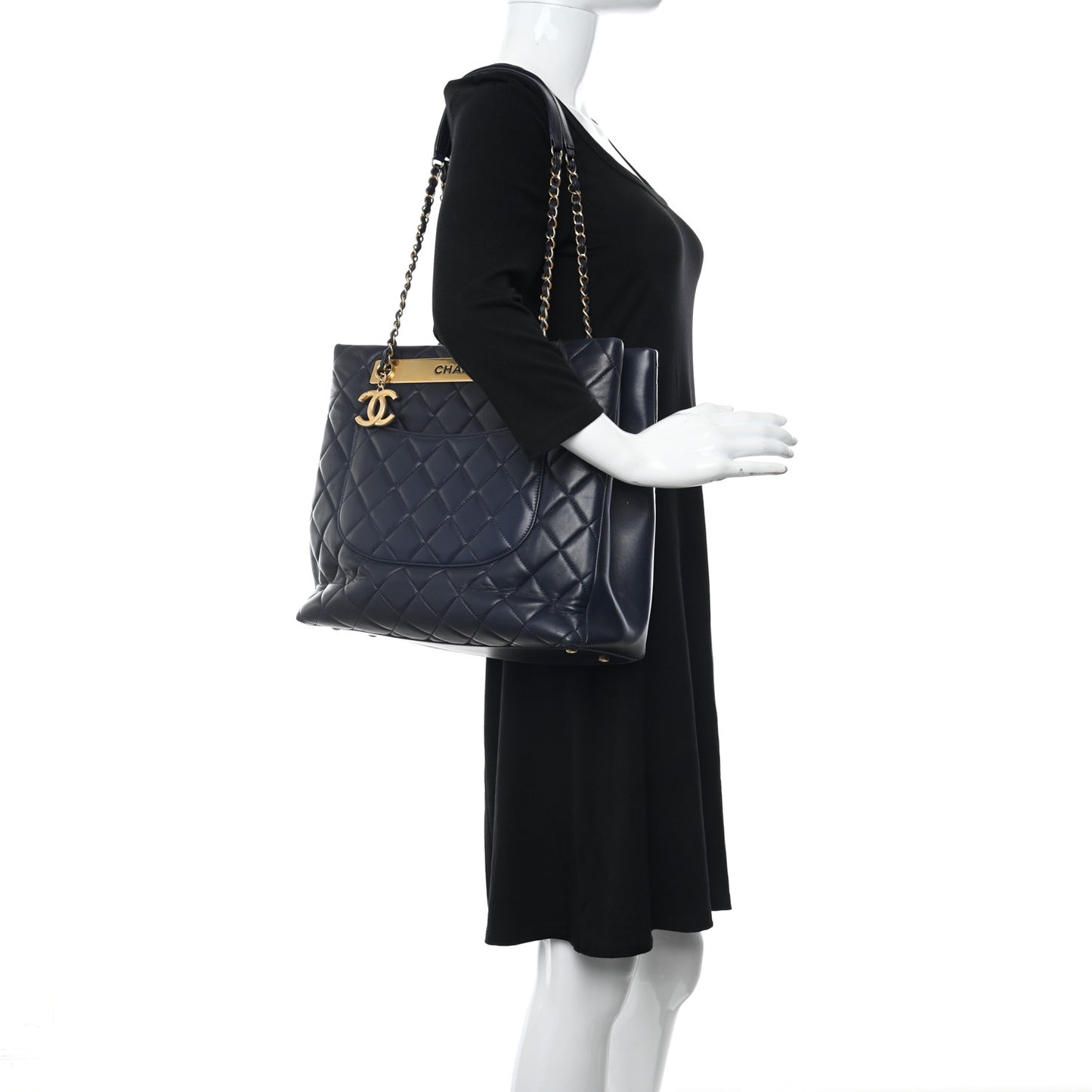 Lambskin Quilted Trendy CC Shopping Tote Navy