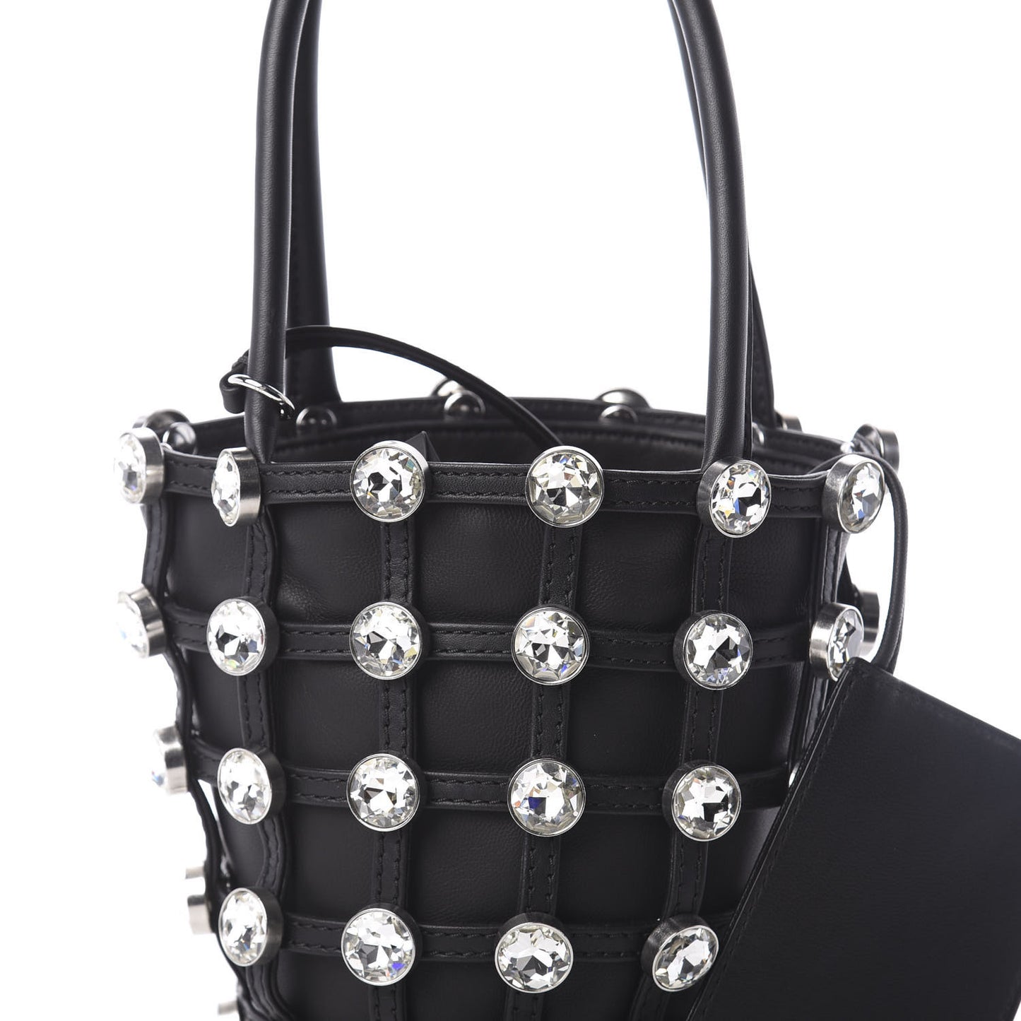 Calfskin Crystal Embellished Roxy Mini Bucket Bag Black
