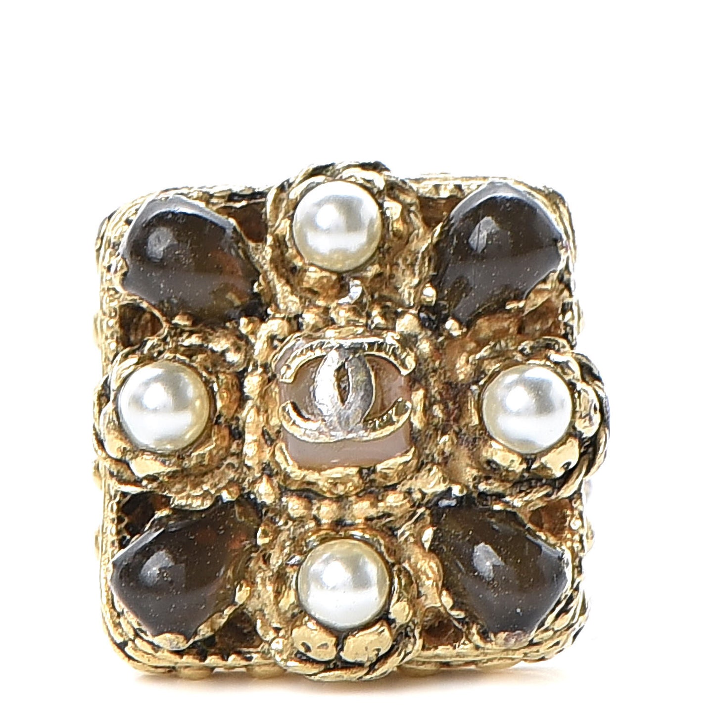 Gripoix Pearl CC Ring 5.5 Brown Gold