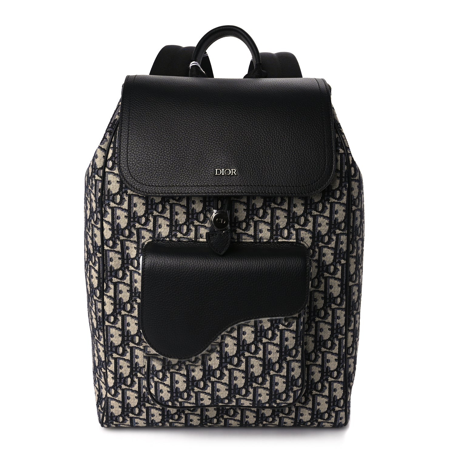 Christian Dior Oblique Jacquard Grained Calfskin Drawstring Saddle Backpack Beige Black 9 of 16