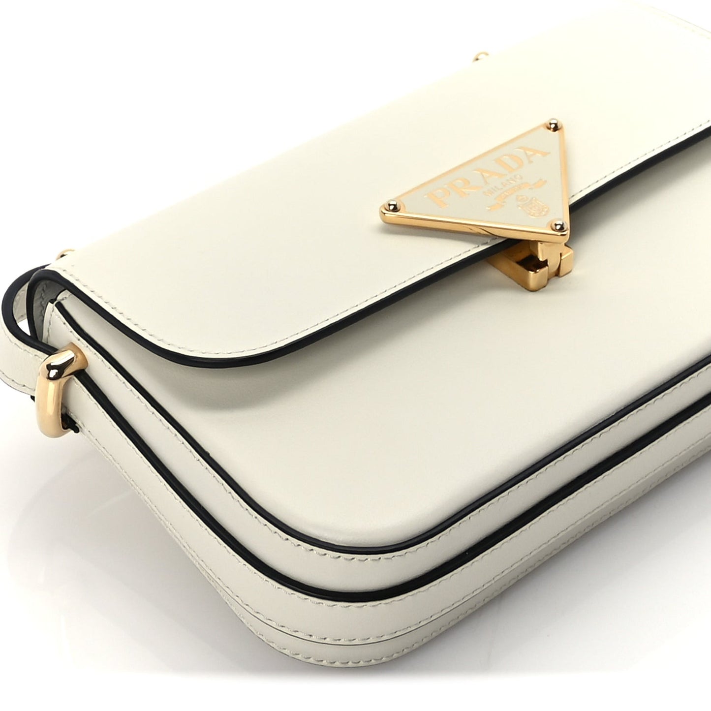 Box Calfskin Triangle Embleme Flap Shoulder Bag  White